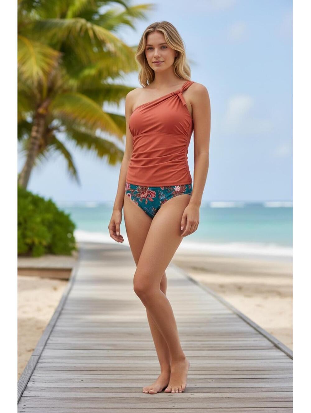 Chic Two-Piece Tankini Set – Terracotta One-Shoulder Top & Floral Bottoms